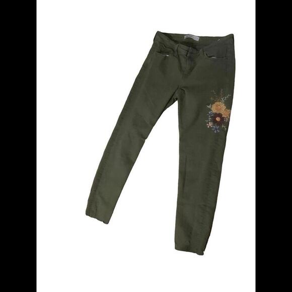 Zara dark khaki jeans zara with matching flower embroidery Size 6 J22 - Picture 1 of 5